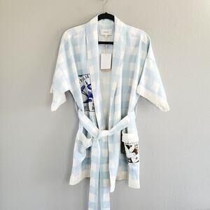 Oroton Linen Gingham Robe With Patch Pockets & Fringed Hems Blue & Cream XS